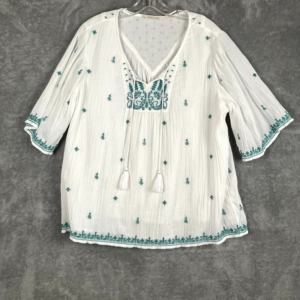 Soft Surroundings Olina Top Womens L Gauzy‎ Embroidered Resort Lightweight